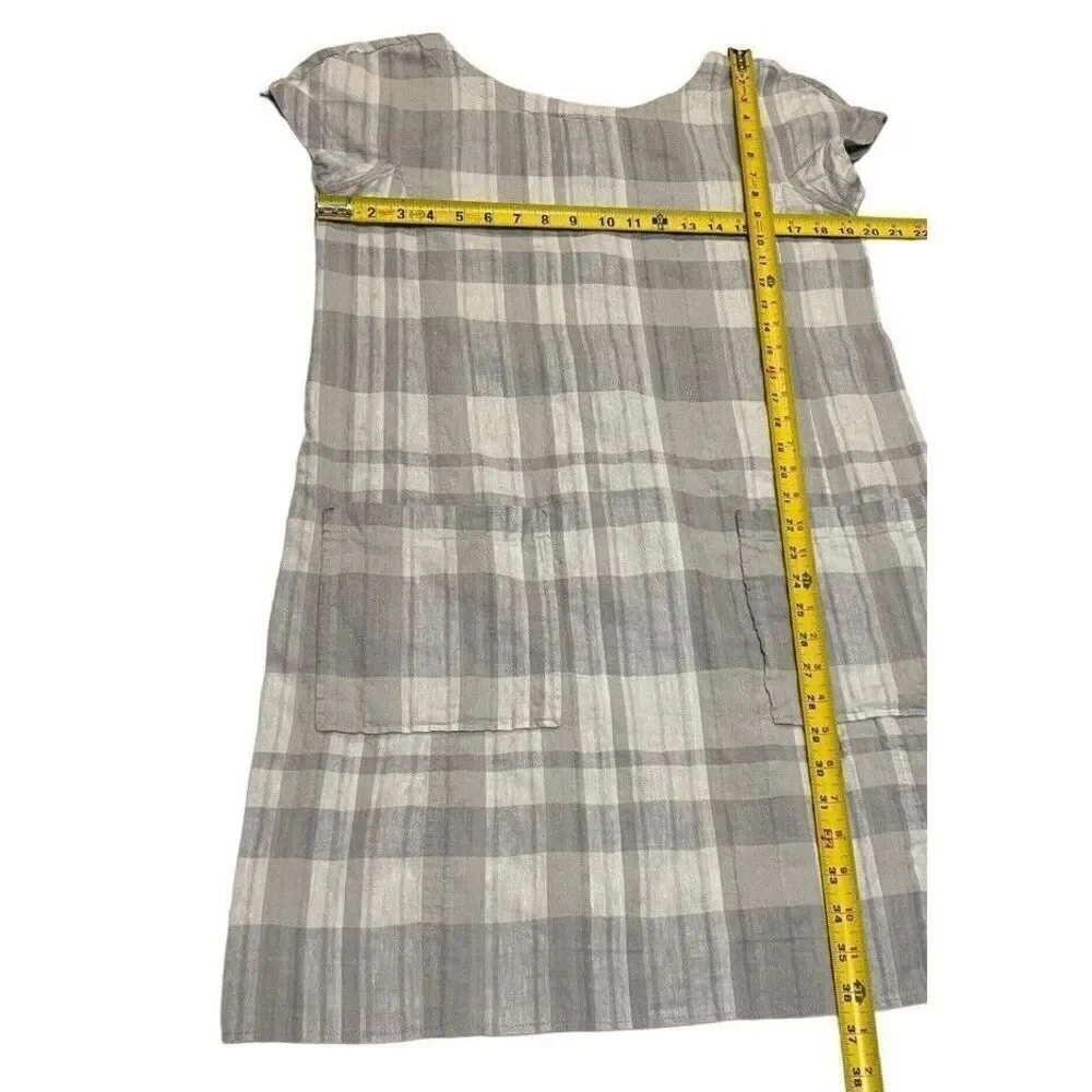 Eileen Fisher Size Small Airy Organic Linen Cotton Gray Plaid Shift Dress Pocket